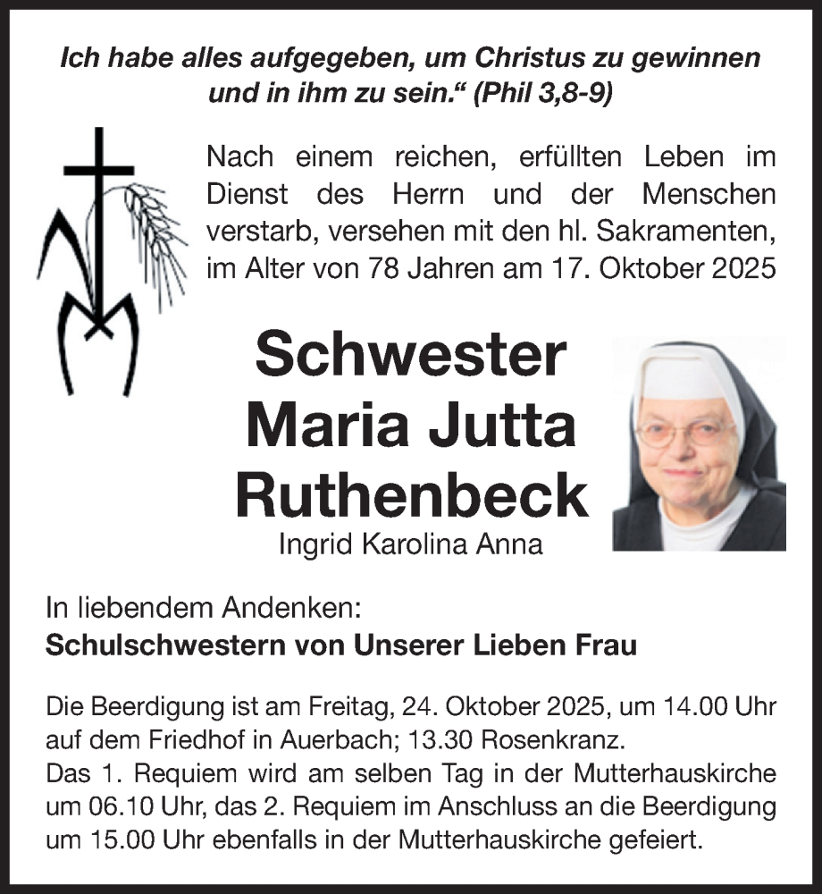  Traueranzeige für Maria Jutta Ruthenbeck vom 21.10.2025 aus Nordbayerische Nachrichten Pegnitz Lokal