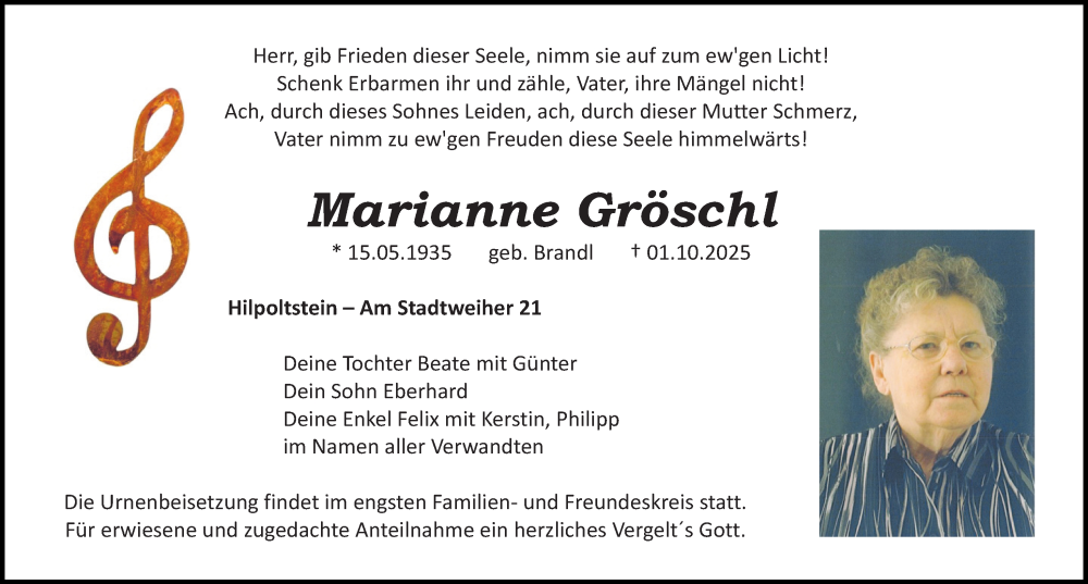  Traueranzeige für Marianne Gröschl vom 07.10.2025 aus Roth-Hilpoltsteiner Volkszeitung Lokal