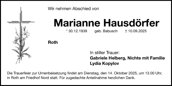 Traueranzeige von Marianne Hausdörfer von Roth-Hilpoltsteiner Volkszeitung Lokal