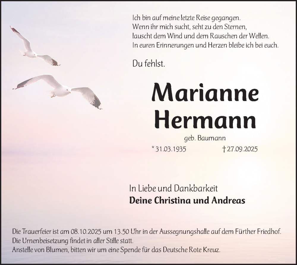  Traueranzeige für Marianne Hermann vom 02.10.2025 aus Fürther Nachrichten Lokal
