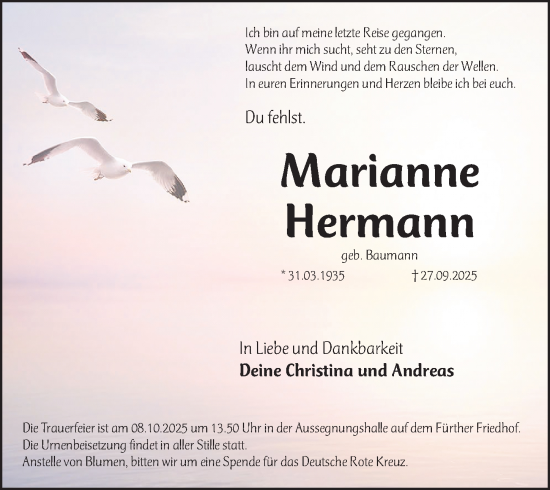 Traueranzeige von Marianne Hermann von Fürther Nachrichten Lokal