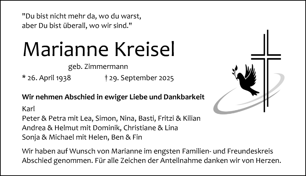  Traueranzeige für Marianne Kreisel vom 18.10.2025 aus Nordbayerische Nachrichten Forchheim Lokal