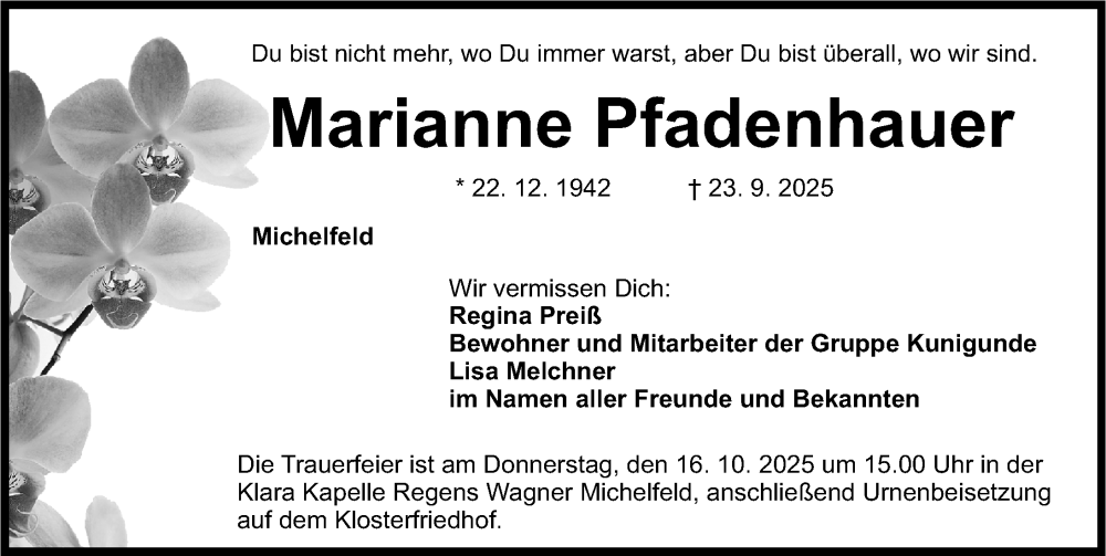  Traueranzeige für Marianne Pfadenhauer vom 11.10.2025 aus Nordbayerische Nachrichten Pegnitz Lokal