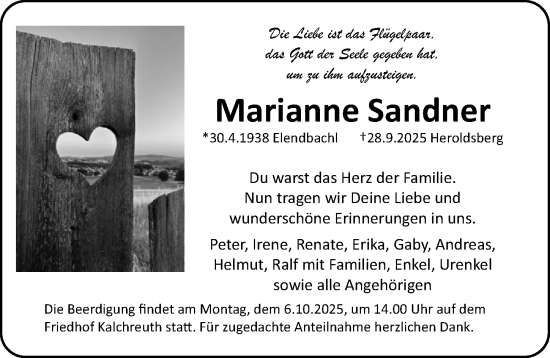 Traueranzeige von Marianne Sandner von Gesamtausgabe Nürnberger Nachrichten/ Nürnberger Ztg.