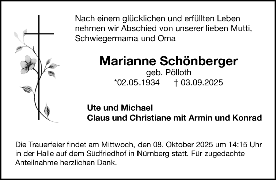Traueranzeige von Marianne Schönberger von Gesamtausgabe Nürnberger Nachrichten/ Nürnberger Ztg.