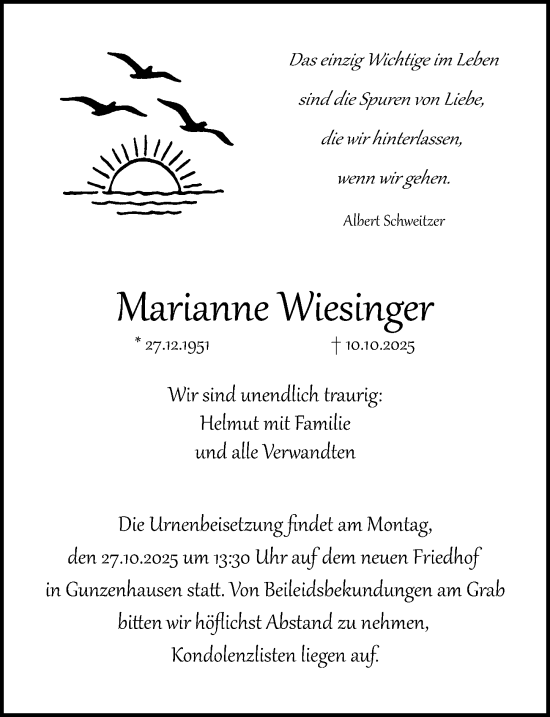 Traueranzeige von Marianne Wiesinger von Altmühl-Bote Lokal
