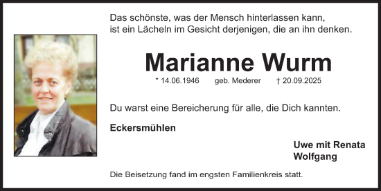 Traueranzeige von Marianne Wurm von Roth-Hilpoltsteiner Volkszeitung Lokal