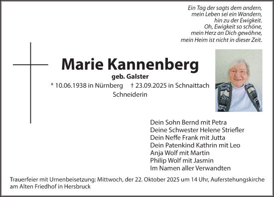 Traueranzeige von Marie Kannenberg von Gesamtausgabe Nürnberger Nachrichten/ Nürnberger Ztg.