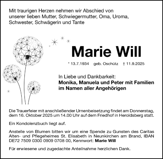 Traueranzeige von Marie Will von Gesamtausgabe Nürnberger Nachrichten/ Nürnberger Ztg.