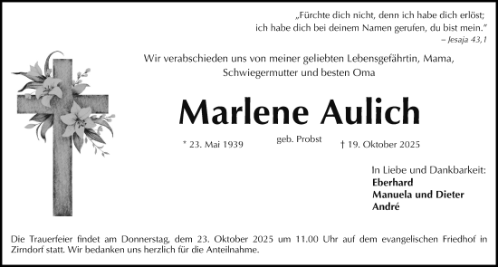 Traueranzeige von Marlene Aulich von Fürther Nachrichten Lokal