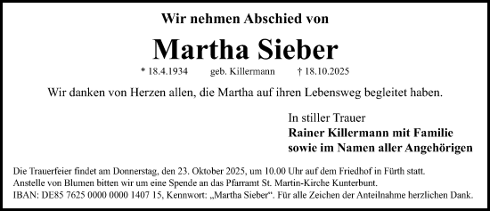 Traueranzeige von Martha Sieber von Fürther Nachrichten Lokal