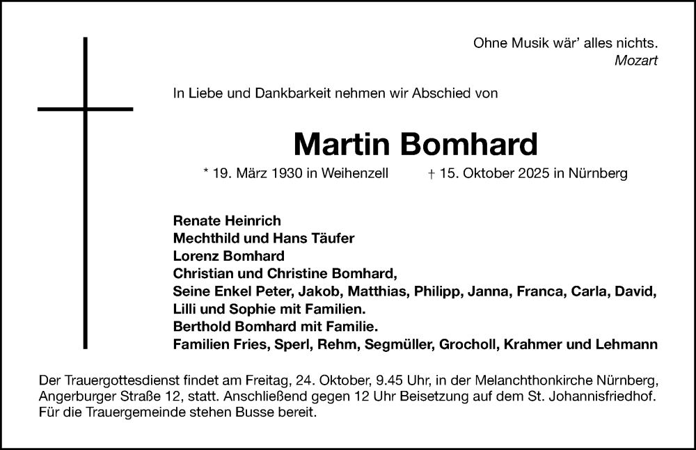  Traueranzeige für Martin Bomhard vom 22.10.2025 aus Gesamtausgabe Nürnberger Nachrichten/ Nürnberger Ztg.