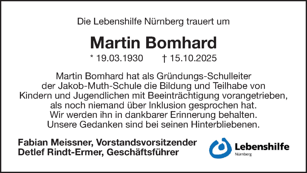  Traueranzeige für Martin Bomhard vom 22.10.2025 aus Gesamtausgabe Nürnberger Nachrichten/ Nürnberger Ztg.