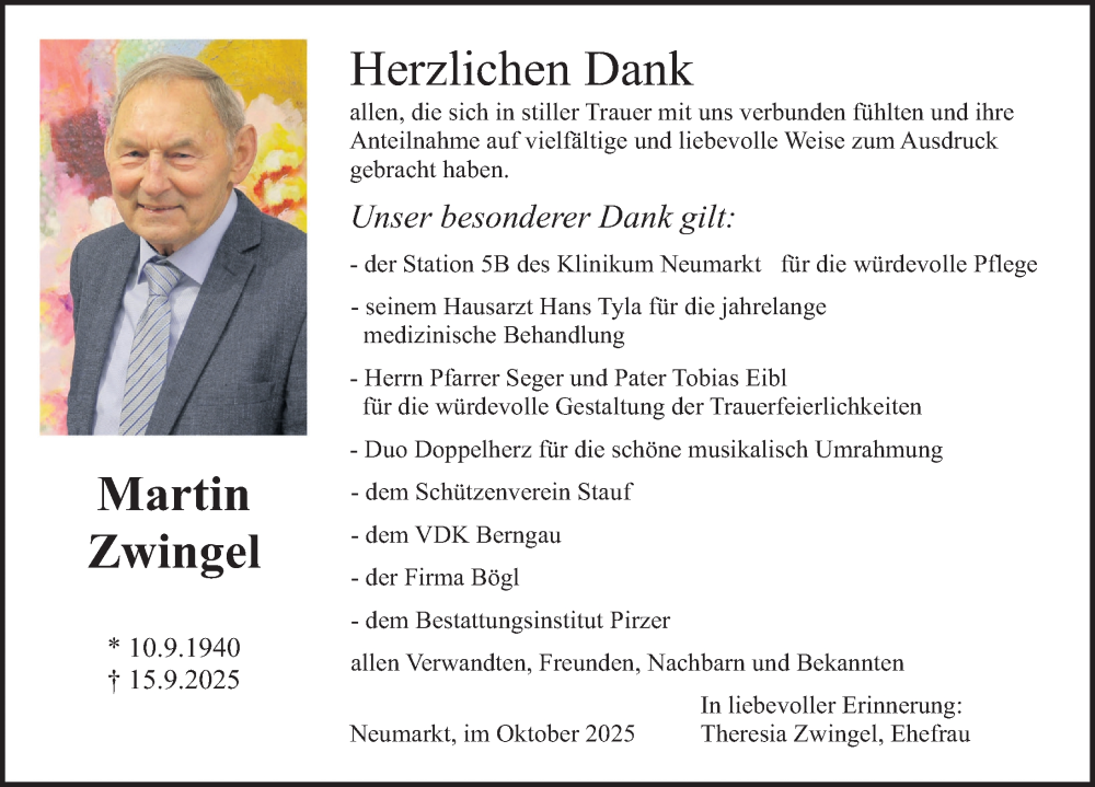  Traueranzeige für Martin Zwingel vom 31.10.2025 aus Neumarkter Nachrichten Lokal