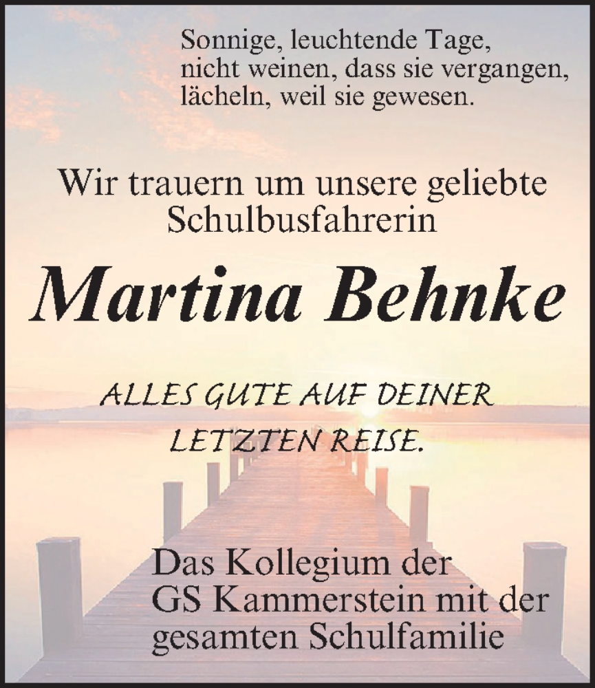  Traueranzeige für Martina Behnke vom 18.10.2025 aus Schwabacher Tagblatt Lokal
