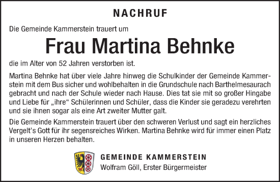 Traueranzeige von Martina Behnke von Schwabacher Tagblatt Lokal