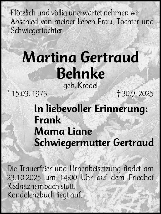Traueranzeige von Martina Gertraud Behnke von Schwabacher Tagblatt Lokal