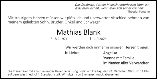 Traueranzeige von Mathias Blank von Erlanger Nachrichten Lokal