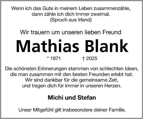 Traueranzeige von Mathias Blank von Erlanger Nachrichten Lokal
