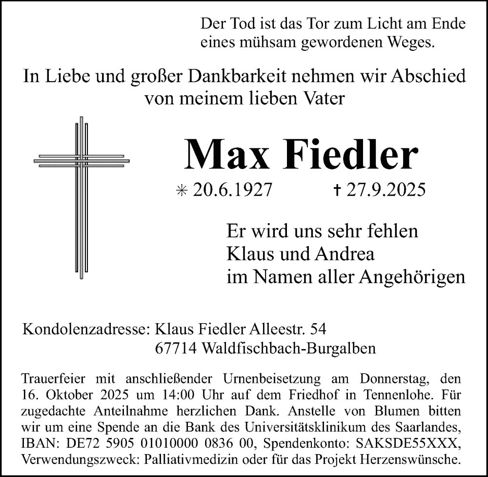  Traueranzeige für Max Fiedler vom 11.10.2025 aus Erlanger Nachrichten Lokal