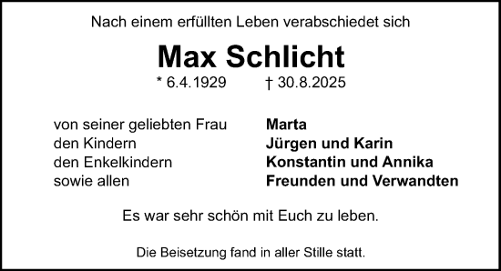 Traueranzeige von Max Schlicht von Gesamtausgabe Nürnberger Nachrichten/ Nürnberger Ztg.