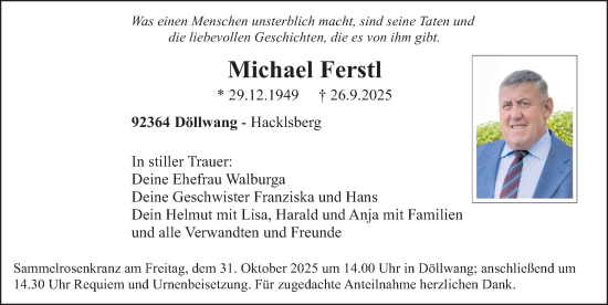 Traueranzeige von Michael Ferstl von Neumarkter Nachrichten Lokal