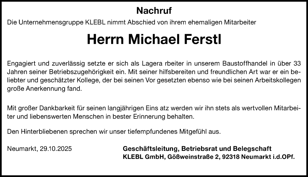  Traueranzeige für Michael Ferstl vom 29.10.2025 aus Neumarkter Nachrichten Lokal