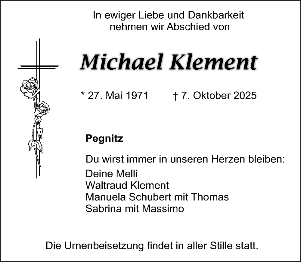  Traueranzeige für Michael Klement vom 13.10.2025 aus Nordbayerische Nachrichten Pegnitz Lokal