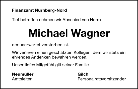 Traueranzeige von Michael Wagner von Gesamtausgabe Nürnberger Nachrichten/ Nürnberger Ztg.