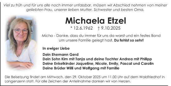 Traueranzeige von Michaela Etzel von Fürther Nachrichten Lokal