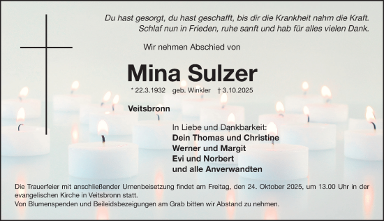 Traueranzeige von Mina Sulzer von Fürther Nachrichten Lokal