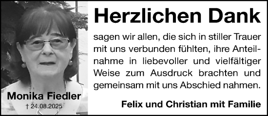 Traueranzeige von Monika Fiedler von Gesamtausgabe Nürnberger Nachrichten/ Nürnberger Ztg.