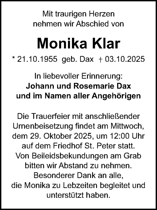 Traueranzeige von Monika Klar von Gesamtausgabe Nürnberger Nachrichten/ Nürnberger Ztg.