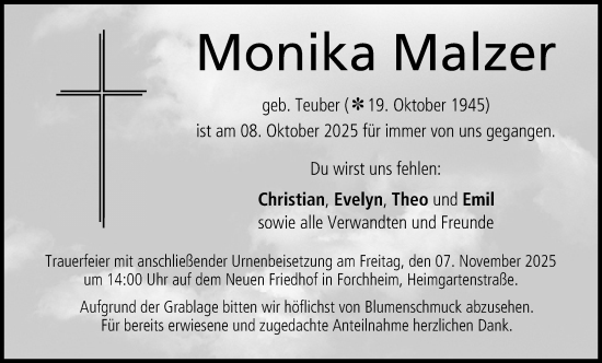 Traueranzeige von Monika Malzer von Nordbayerische Nachrichten Forchheim Lokal