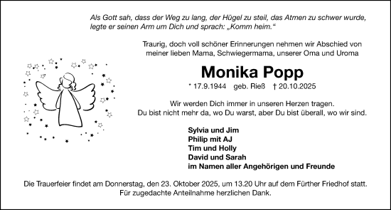 Traueranzeige von Monika Popp von Gesamtausgabe Nürnberger Nachrichten/ Nürnberger Ztg.