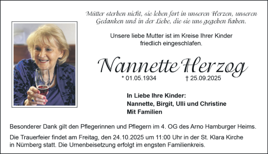 Traueranzeige von Nannette Herzog von Gesamtausgabe Nürnberger Nachrichten/ Nürnberger Ztg.