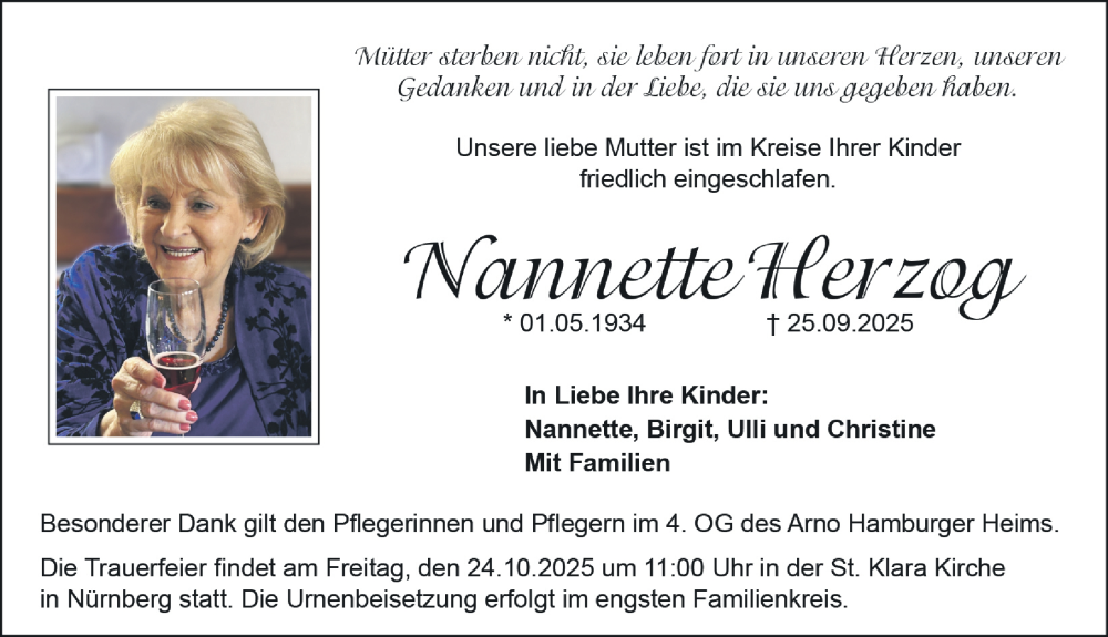  Traueranzeige für Nannette Herzog vom 04.10.2025 aus Gesamtausgabe Nürnberger Nachrichten/ Nürnberger Ztg.