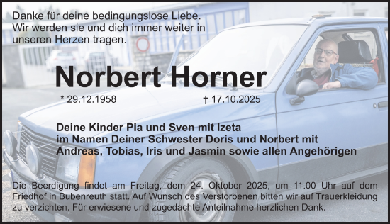 Traueranzeige von Norbert Horner von Erlanger Nachrichten Lokal