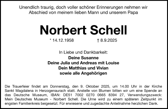 Traueranzeige von Norbert Schell von Erlanger Nachrichten Lokal
