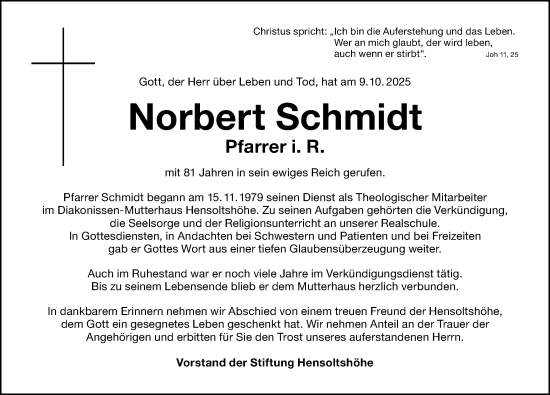 Traueranzeige von Norbert Schmidt von Altmühl-Bote Lokal
