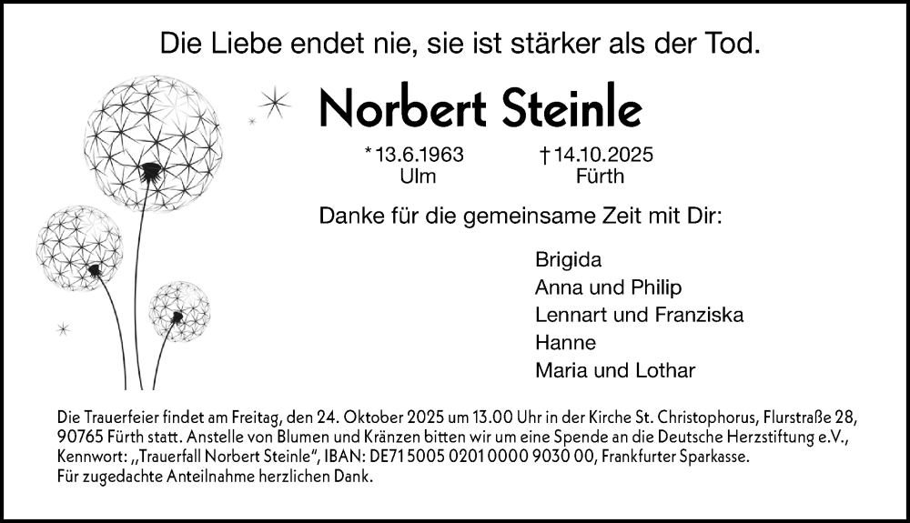  Traueranzeige für Norbert Steinle vom 22.10.2025 aus Gesamtausgabe Nürnberger Nachrichten/ Nürnberger Ztg./ Fürther Nachrichten