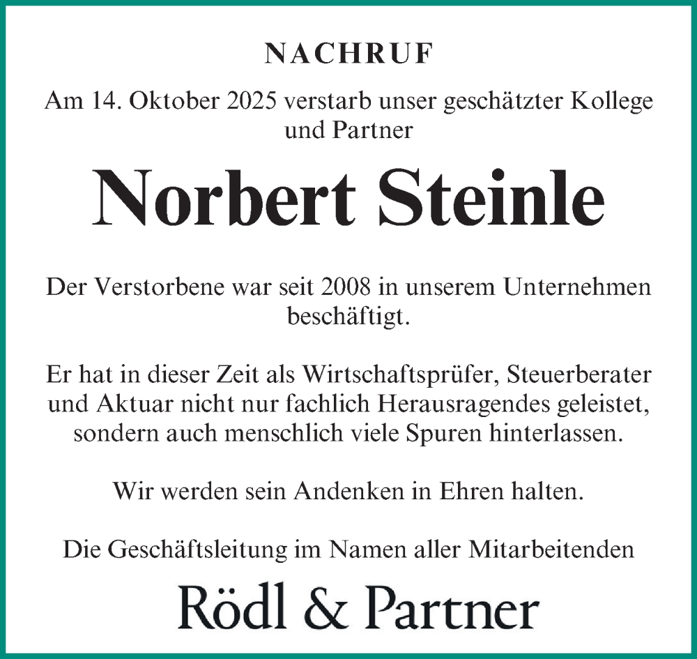  Traueranzeige für Norbert Steinle vom 22.10.2025 aus Gesamtausgabe Nürnberger Nachrichten/ Nürnberger Ztg.