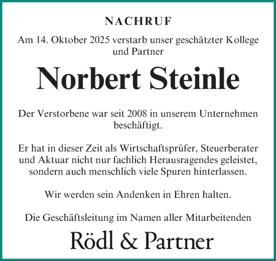 Traueranzeige von Norbert Steinle von Gesamtausgabe Nürnberger Nachrichten/ Nürnberger Ztg.