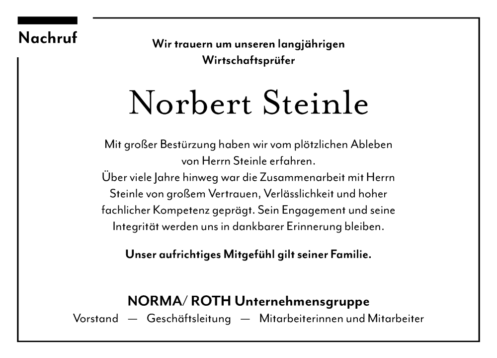  Traueranzeige für Norbert Steinle vom 25.10.2025 aus Gesamtausgabe Nürnberger Nachrichten/ Nürnberger Ztg.