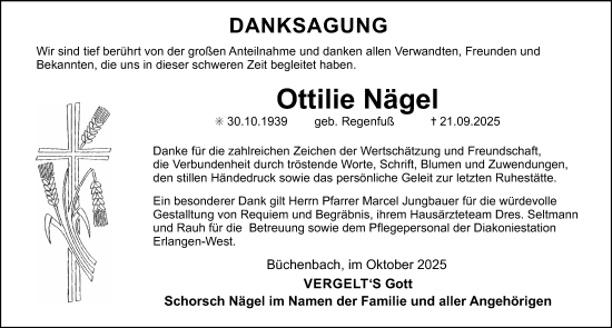 Traueranzeige von Ottilie Nägel von Erlanger Nachrichten Lokal