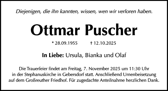 Traueranzeige von Ottmar Puscher von Gesamtausgabe Nürnberger Nachrichten/ Nürnberger Ztg.