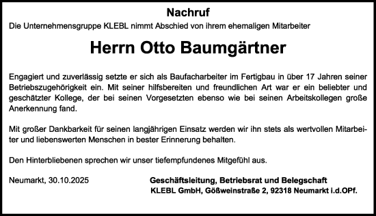 Traueranzeige von Otto Baumgärtner von Neumarkter Nachrichten Lokal