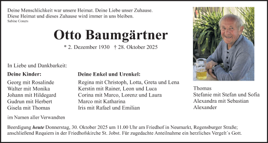 Traueranzeige von Otto Baumgärtner von Neumarkter Nachrichten Lokal