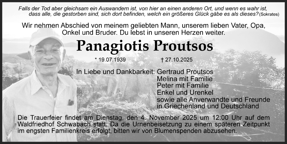  Traueranzeige für Panagiotis Proutsos vom 31.10.2025 aus Schwabacher Tagblatt Lokal