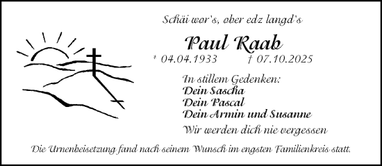 Traueranzeige von Paul Raab von Gesamtausgabe Nürnberger Nachrichten/ Nürnberger Ztg.